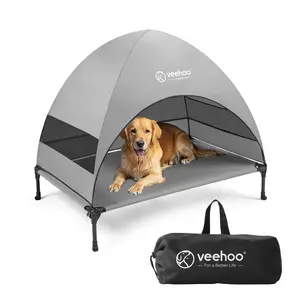 Veehoo Outdoor Dog Bed with Canopy Cooling Elevated Pet Cot for Large Dogs 42" x 30" x 33.5" Non-Slip Feet Grey CWC2411 Camping Beach Essential with 3-Sides Full Shade & Great Ventilation