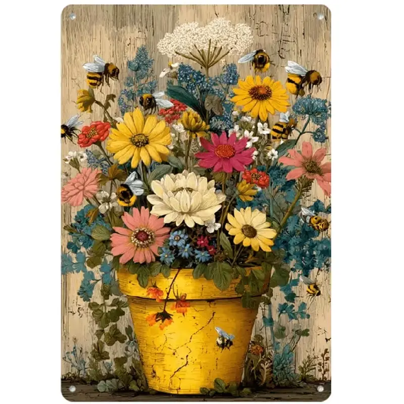 Vintage Yellow Cracked Flower Pot Metal Tin Sign - Whimsical Home Decor with Bumblebee, Wildflower, Multicolor Daisy, Zinnia Floral Design, Distressed Wood Wall Plaque, 8x12in Waterproof Hanging Sign for Rustic Farmhouse, Home, House Decor & Room Accent,