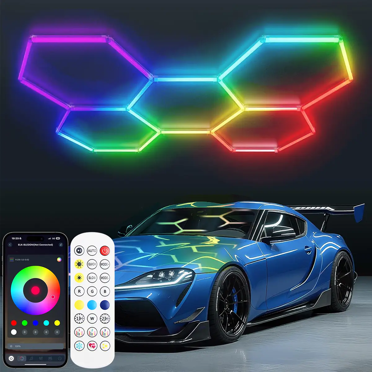 RGB Hexagon LED Garage Ceiling Lights - Aluminum Honeycomb Wall Lamp with Remote Control, 358 Modes DIY, IP54 Water Resistant Smart Ambient Light for Gaming Media Room Decor, Home Shop Wall Decor