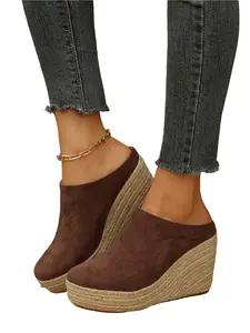 Women's Closed Toe Espadrille Wedge Mules, Suede Platform Slip-on Sandals, Comfortable High Heel Summer Slides Boho Style Fashion