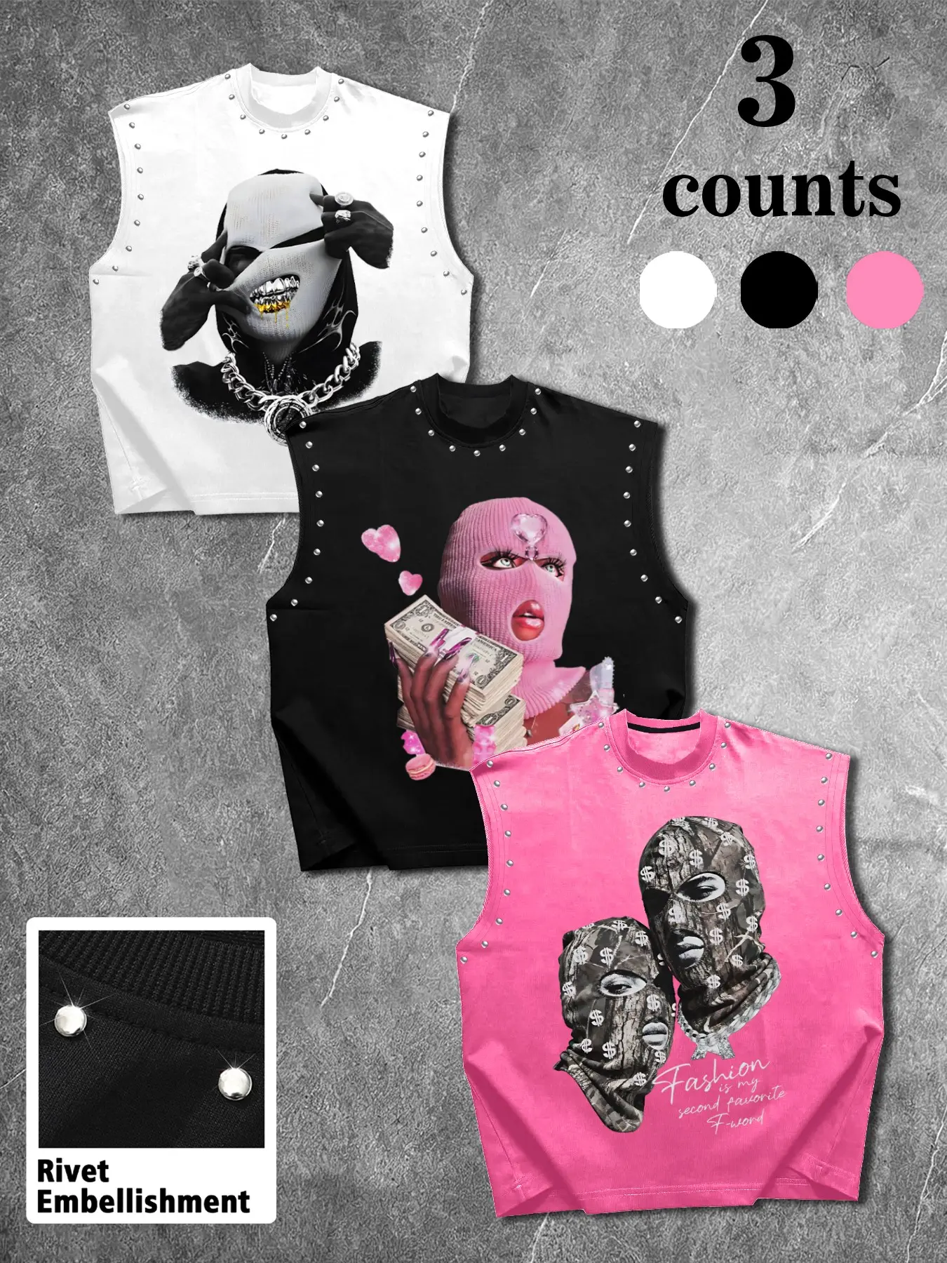 Men's Casual 3-Piece Sleeveless Tank Top Set, Unique Masked Figure Prints, Comfortable Fabric, Ideal for Outdoors, Parties, Vacations, Streetwear, Campus Style
