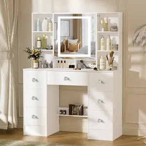 White Dressing Table Set with LED Lighted Mirror Vanity Desk Makeup Table 7 Drawers