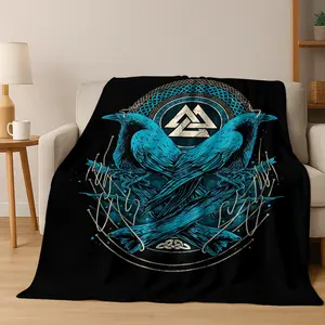 Viking Crow Raven Norse Mythology Skull Rune Flannel Blanket Soft Warm Blanket For Bedroom Room Office Travel Camping Picnic,Flannel Throw, Soft Cozy, Lightweight Warm, Comfortable, Couch Bed Use, Home Decor, All Season, Gift Idea