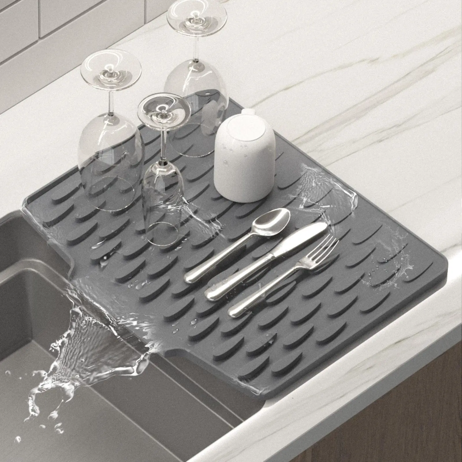 Gray Silicone Rectangle Dish Drying Mat (12.6in*10in, BPA Free) - Silicone Trivet for Kitchen Counter, Striped Anti-Slip Heat-Resistant Tableware Mat, Bendable, Fast Drainage, Dishwasher Safe, Stripes