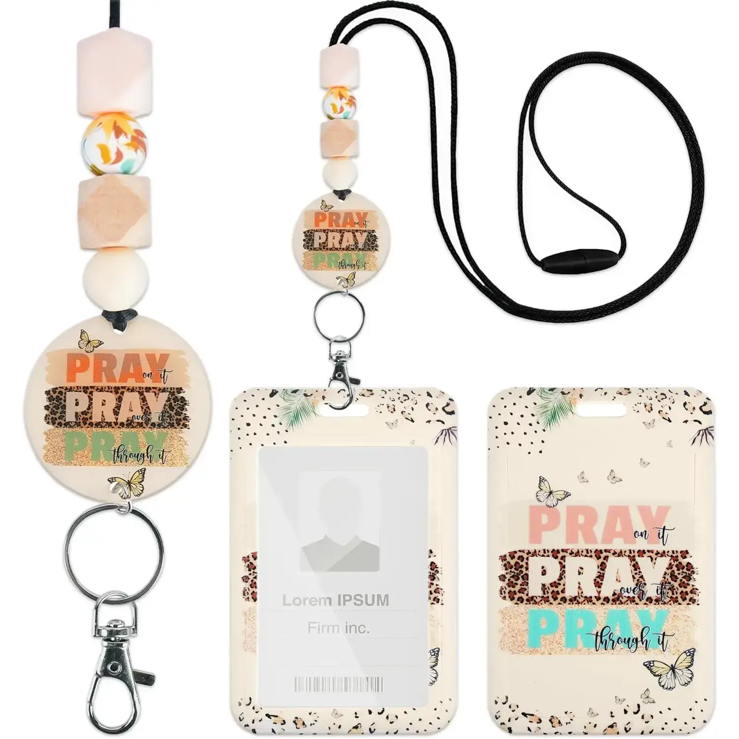 Christian Nylon Rope ID Badge Holder with 3 Natural Wood Bead Adjustable Lanyard, ABS & Acrylic Plate, "Pray On It Over It Through It" Design, Office Identification Supply, Christian Gifts for Adults, Gift for Friends, Adjustable Length, Comfortable And S