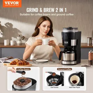 VEVOR Coffee Maker with Grinder, 8 Cup Programmable Coffee Machine, Grind and Brew Coffee Maker with 24-Hour Timer for Auto Brew, Reusable Filter, for Home Office Restaurant