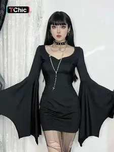 Women's Flounce Sleeve Sweetheart Neck Bodycon Dress, Chic Punk Fashion Long Sleeve Short Dress for Party Club Holiday, Dresses for Women, Women Dress for Fall & Winter