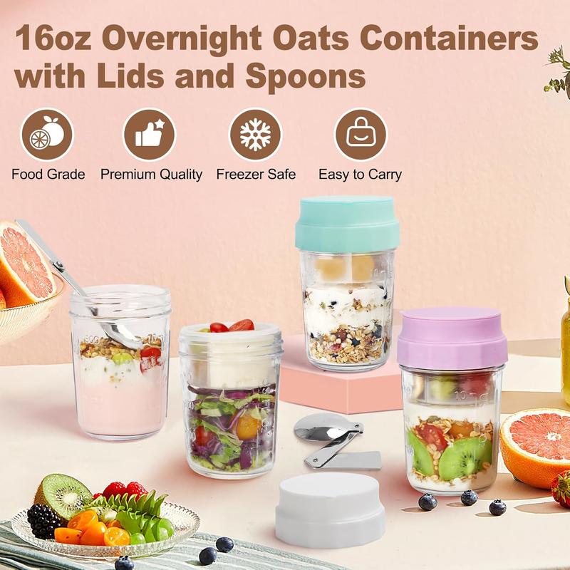16oz Overnight Oats Jars, Yogurt Containers with Lids and Folding Spoons, 4 Pack Leak-Proof Wide Mouth Mason Jars Divided Compartments for Fruit & Nuts, Glass Jars with Measure Marks for Cereal Salad