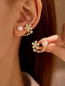 【Pearl Earrings】Faux Pearl & Rhinestone Stud Earrings-A Pair of Elegant flowers-Inspired Pearl-Like Small Earrings for Women, Fashionable And Versatile Stud Earrings.