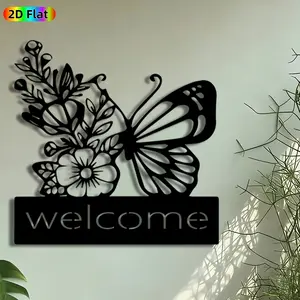 1pc Butterfly & Flower Welcome Metal Wall Art, Floral Butterfly Statue Mural, Artistic Wall Sign, Perfect for Housewarming, Mothers Day Decor, Perfect for Porch Wall Living Room Garden Fence Decor, Ideal Gift for Nature Decor Enthusiasts.