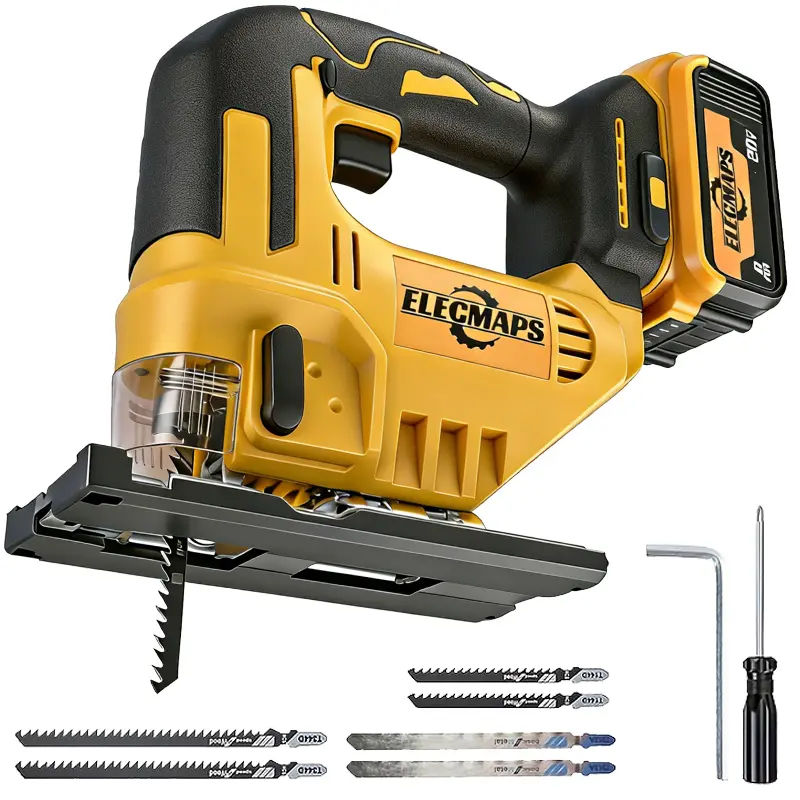 ELECMAPS Brushless Motor Jigsaw Set, Electric Power Tool with 6 Blades, Screwdriver, 0°-45° Bevel Cuts for Wood & Metal Cutting, Ideal Gift Choice (Battery Not Included)