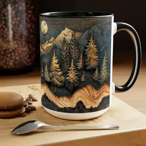 Mountain And Trees Mug NOT REAL WOOD Coffee Mug Wood Panel Effect Tea Mug Carved Wood Trees Wooden Mountain Tea Cup