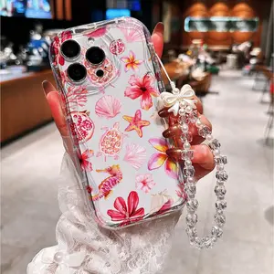 Tropical Hibiscus Seashell Starfish Phone Case Shockproof Wear-resistant Precise Holes Beaded Wrist Strap Multiple Models Perfect Fit Compatible with iPhone11/12/13/14/15/Promax16/16Promax/16pro/16plus Suitable for iPhone11-17promax