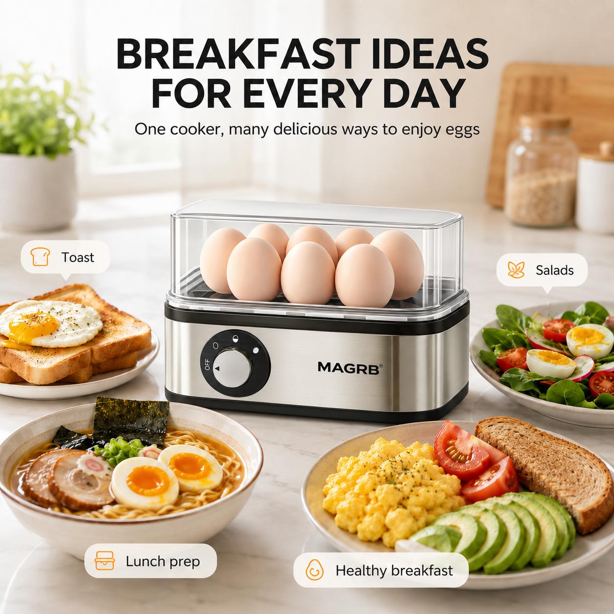 【DealsForYouDays】MAGRB Rapid Egg Cooker Electric 8 Egags Capacity, Soft, Medium, Hard Boiled, Poacher, Omelet Maker Egg Poacher With Auto Shut-Off, BPA Free