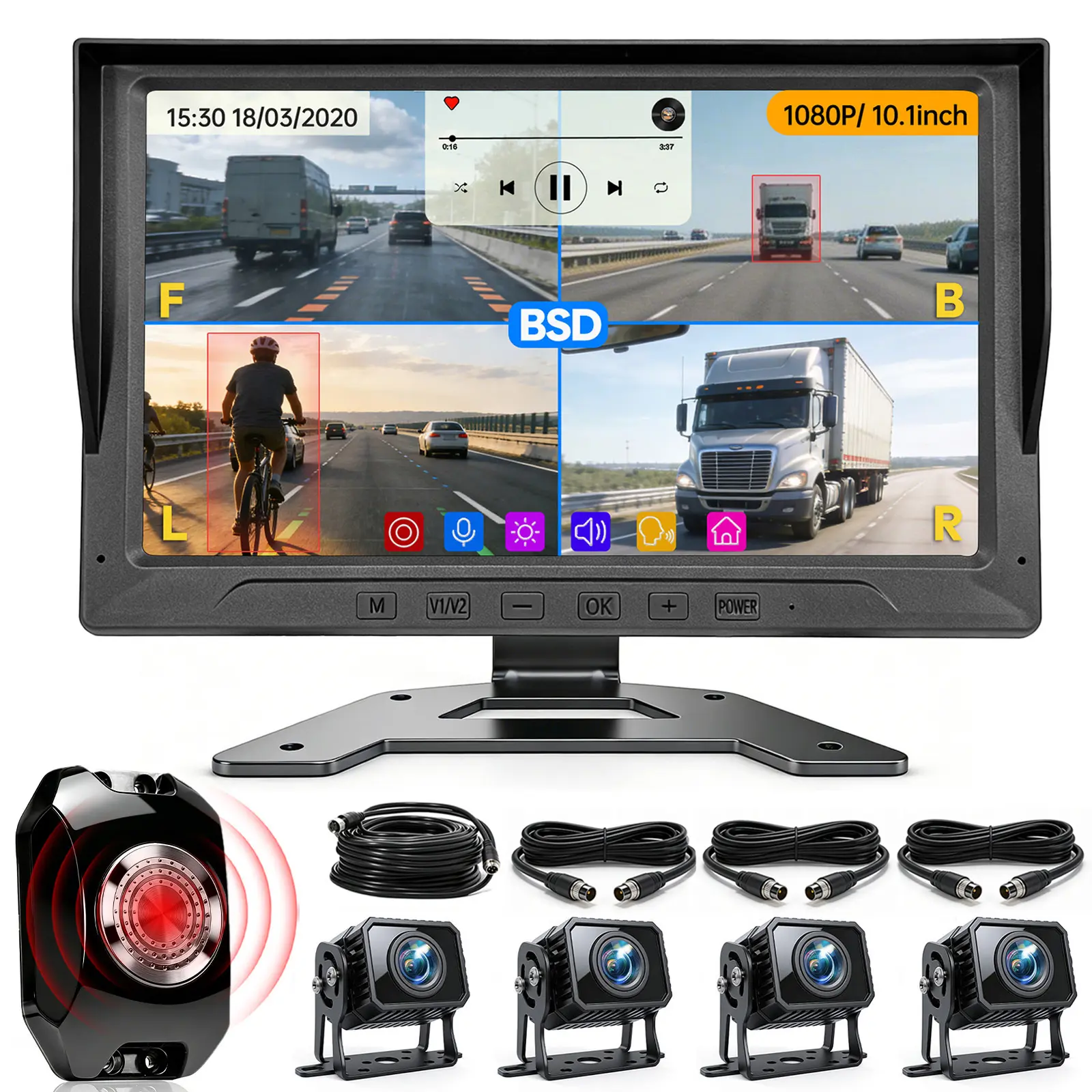 ConewVehicle Wired Backup Camera System with 10.1 inch Monitor for RV Truck Bus Trailer Camper with 4 Rear/Side View 1080P HD Cameras 4 Splits Screen DVR Recording IP69 Waterproof MP5 Music Video Player BSD Avoid Blind