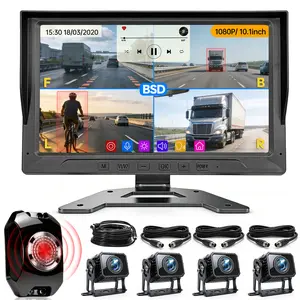 ConewVehicle RV Backup Camera System with 10.1 inch Monitor for Truck Bus Trailer Camper with 4 Rear/Side View 1080P HD Cameras 4 Splits Screen DVR Recording IP69 Waterproof MP5 Music Video Player BSD Avoid Blind