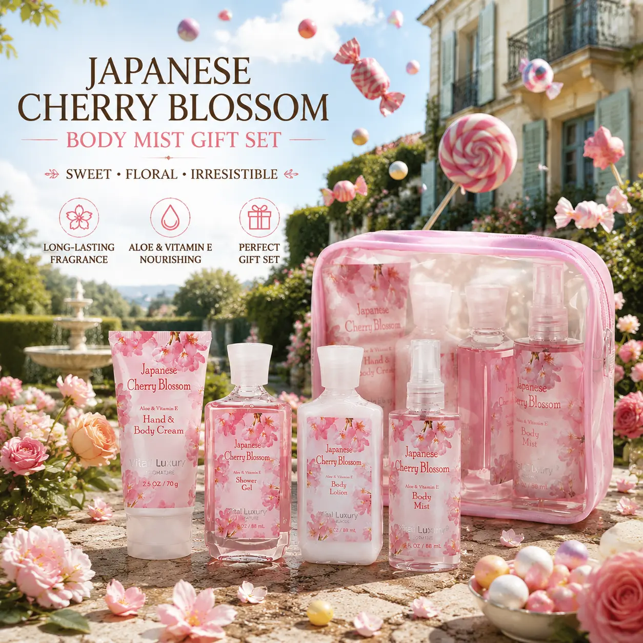 Women's Vital Luxury TSA-Approved Bath & Body Care Travel Gift Set  – Japanese Sakura, Vanilla, Lavender, Cotton Candy Body Wash, Lotion, Mist, in Clear Bag,Self Care Bundle Box, Gift Sets For Women,Best Friends,Back-to-school gifts
