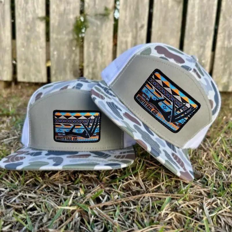 Azteca Whitetail Deer Antler Embroidery 7 Panel Trucker Cap Flatbill Mesh Snapback Outdoor Angler Performance Camo Hat for Men and Women Bottomland Camo Black White Brown Unisex Fitted Cap
