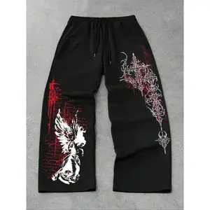 Wide-leg pants with Gothic angel cross print, street style, suitable for daily wear, loose fabric, dark-inspired design, neutral fashion item