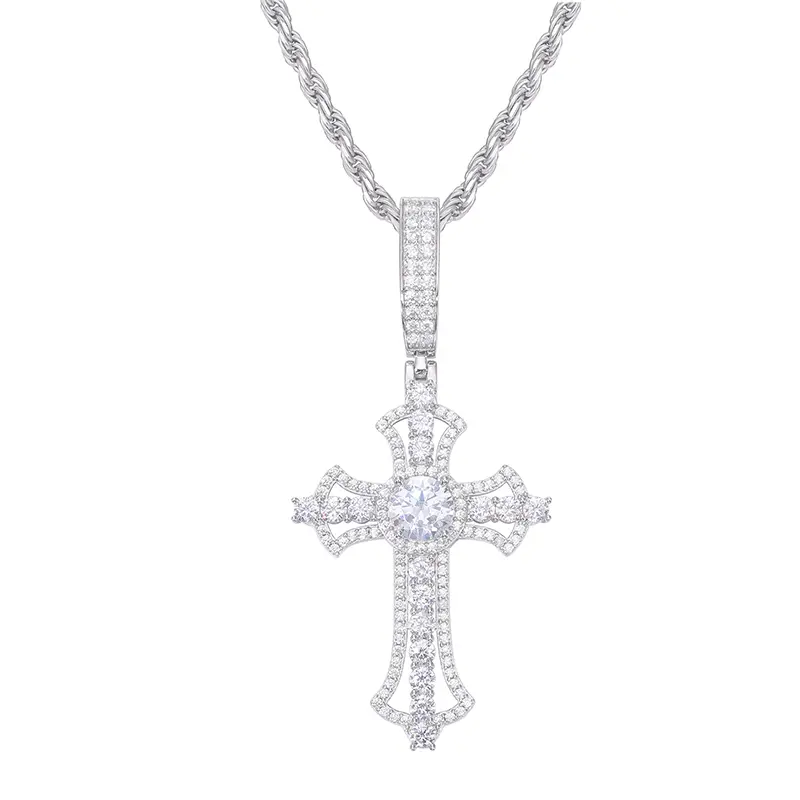 UCCIYO Hollow Cross P473 Inlaid S925 Sterling Silver Synthetic Moissanite Hollow Cross Pendant Necklace Suitable for Men and Women Hip Hop Jewelry Gifts【#P473】