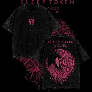 Retro Limited Sleep Token Rose and White Flowers Heavy Metal Shirt, Unisex Oversize Rock Band Washed Heavyweight Cotton T-shirt, Gift For Gothic sleep token merch