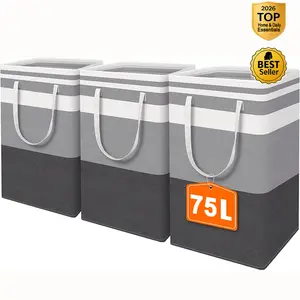 3-Pack Large Laundry Basket 75 Liters, Waterproof & Collapsible Clothes Hamper with Extended Handles for Easy Carrying, Freestanding Storage Bins for Toys in Dorm and Family, Gradient Grey