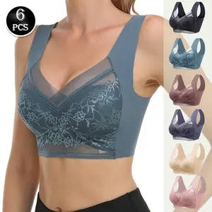 6 Pcs Women's Contrast Floral Lace Wireless Bra, Contrast Mesh Push Up Bra, Soft Comfortable Breathable Lingerie for All Seasons, women's Clothing, Womenswear,Elegant Breathable Bra, Wireless Padded Bra