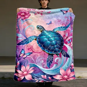 Ocean Turtle Theme Blanket, Soft Flannel, Warm Durable, Easy Clean, Multiple Sizes, Bedroom Decor, Sofa Office Rest