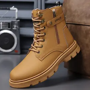Tide Men's Side Zipper Lace-Up High Top Work Boots Thick Sole Wear-Resistant Outdoor Casual Boots Shoe