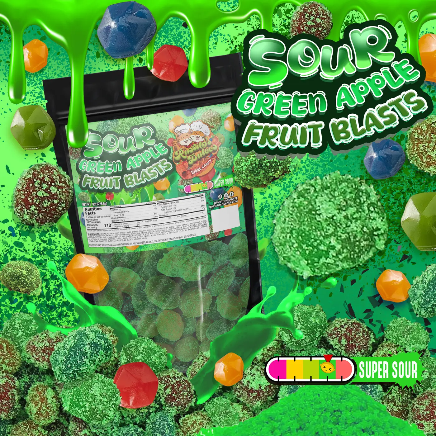 Rustito's Dulces Sour Green Apple Fruit Blasts - Sweet Sour & Oh So Juicy Chewy Exterior Juicy Interior Super Sour Treats Candy Bonbon Snack