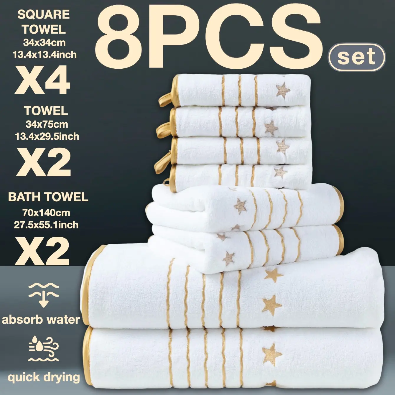 8-Piece Gold Thread Embroidered Bath Towel Set, Modern Simple Bathroom Accessories, Quick-Dry Absorbent Microfiber, Reusable Towels, Quick Drying Towel, Suitable for Home Camping Hotel School Community Factory