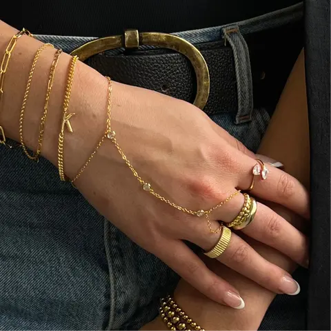 EVRY JEWELS Women's Whimsy 14K Gold/Silver Plated Bezel-Set CZ Hand Chain Bracelets & Bangles - Adjustable Stainless Steel Stackable Jewelry, Non-Tarnish Accessories, 3" Ring, Gifts for Women