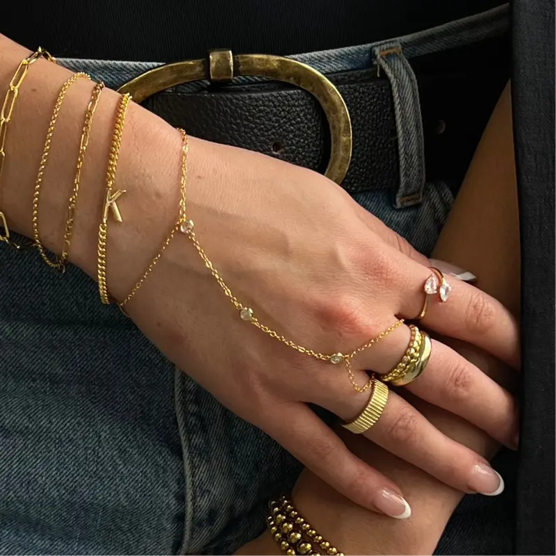EVRY JEWELS Women's Whimsy 14K Gold/Silver Plated Bezel-Set CZ Hand Chain Bracelets & Bangles - Adjustable Stainless Steel Stackable Jewelry, Non-Tarnish Accessories, 3" Ring, Gifts for Women