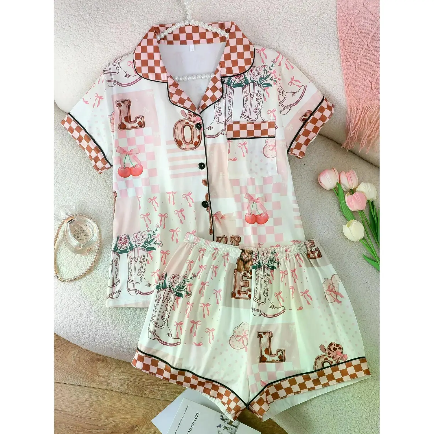 Cherry Print Women's 2-Piece Pajama Set - Short Sleeve Open Front Top & Elastic Waist Shorts - Comfortable All-Season Nightwear & Loungewear
