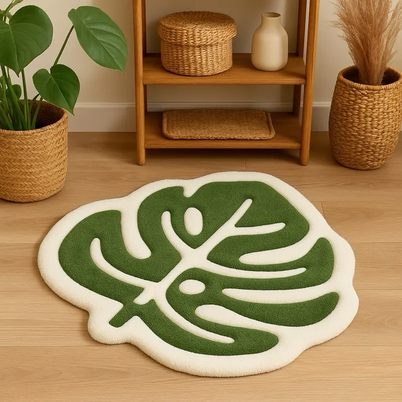 Monstera Green and White Rug - Soft and Durable, Ideal for Home Decoration