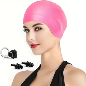 3pcs Swim Cap Set, High-Quality Silicone, Waterproof, with Ear Protection, for Men and Women, Long Hair and Short Hair, Including Swim Goggles and Earplugs, Black Color, Hand Washable