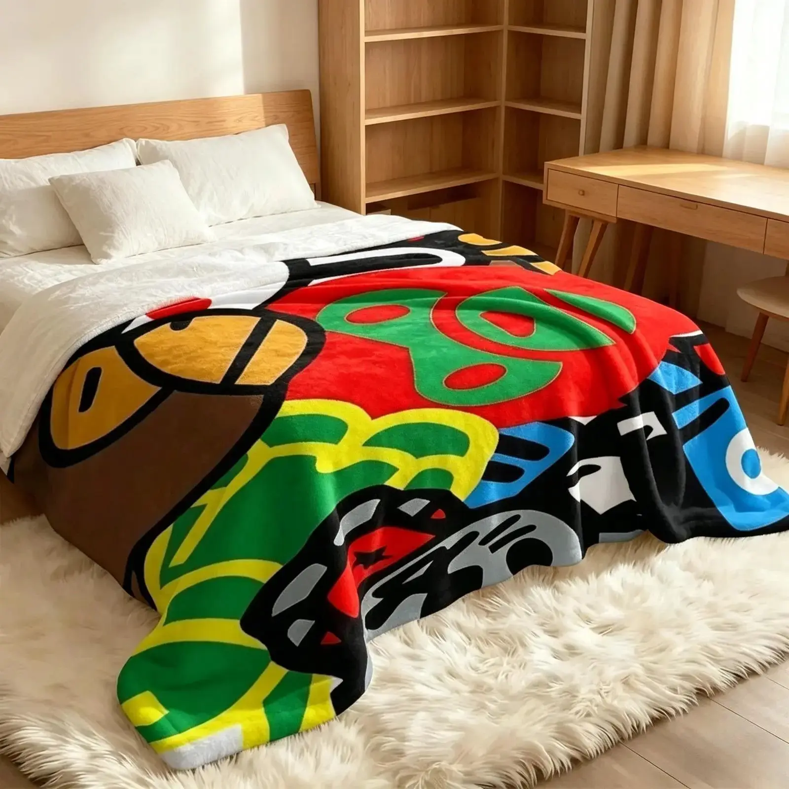 Colorful Patchwork Flannel Blanket Streetwear Cartoon Character Inspired Design Soft Cozy Lightweight AC Throw Blanket Kids Teens Adults Sofa Bed Bedroom Living Room Office Travel Camping Movie Night Gamer Gift Home Decor Birthday Christmas Viral Aestheti