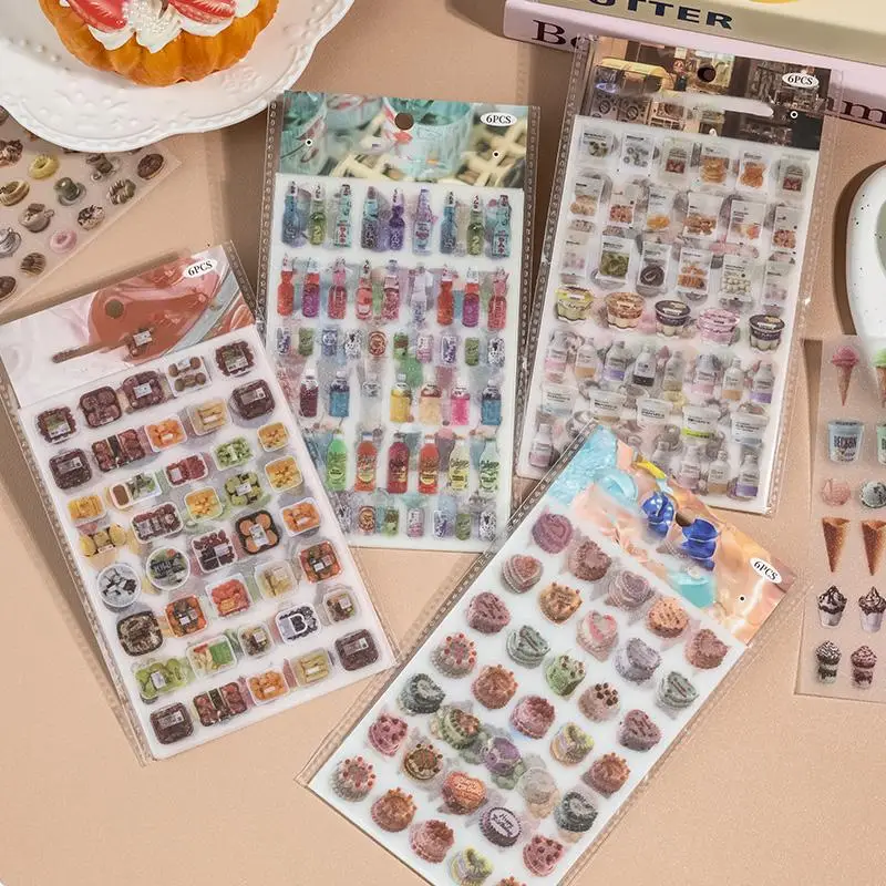 Food & Drink Themed Sticker, 6 Counts/set Glitter PET Sticker, DIY Decorative Sticker for Scrapbook & Journal & Diary
