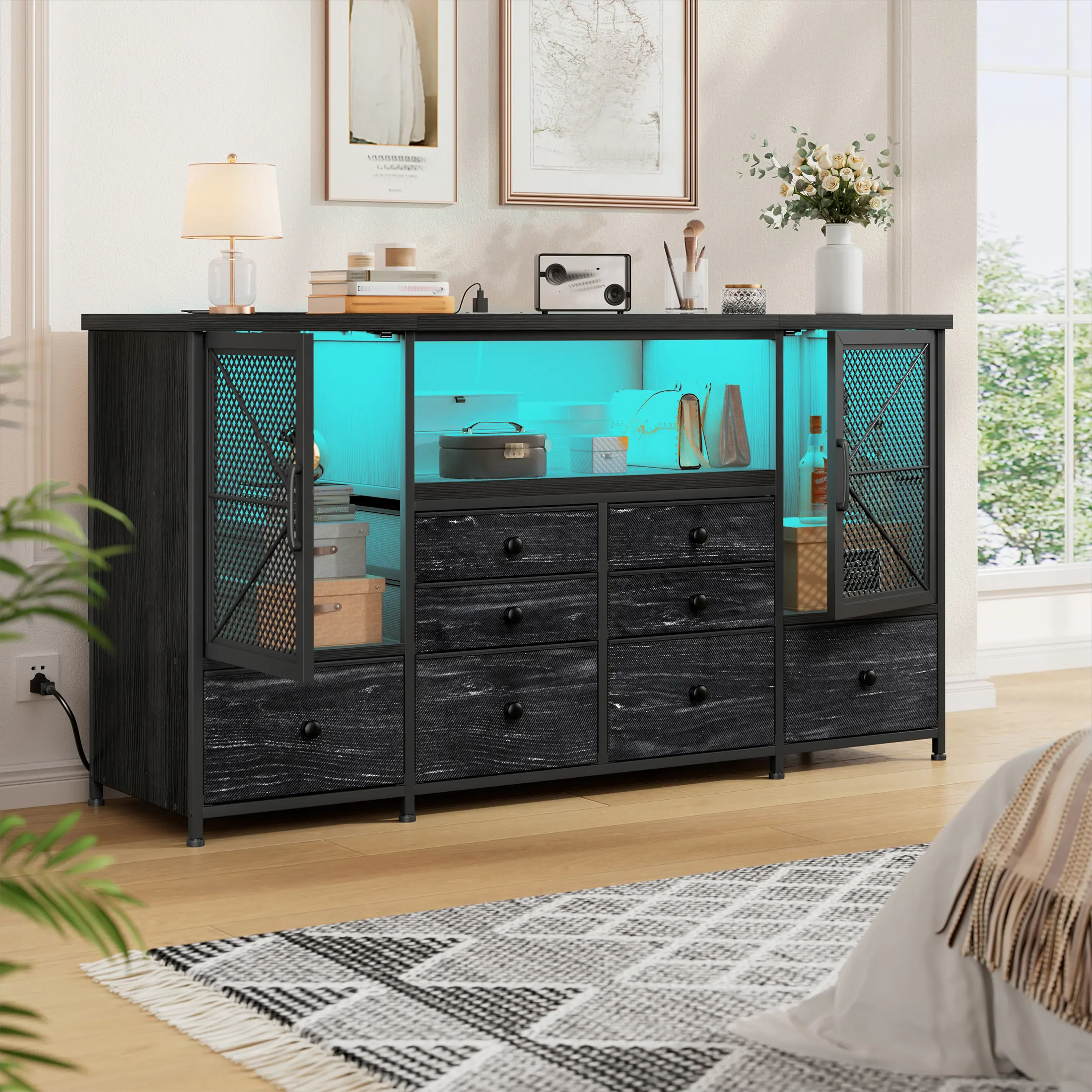 Raybee Dresser for Bedroom with Power Outlets & LED Lights, 49.2" W Modern TV Stand for 60" TV, 8 Drawers, with2 Large Cabinets & Mesh Door, Stylish Storage Chest Organizer for Living Room, Closet & Entryway