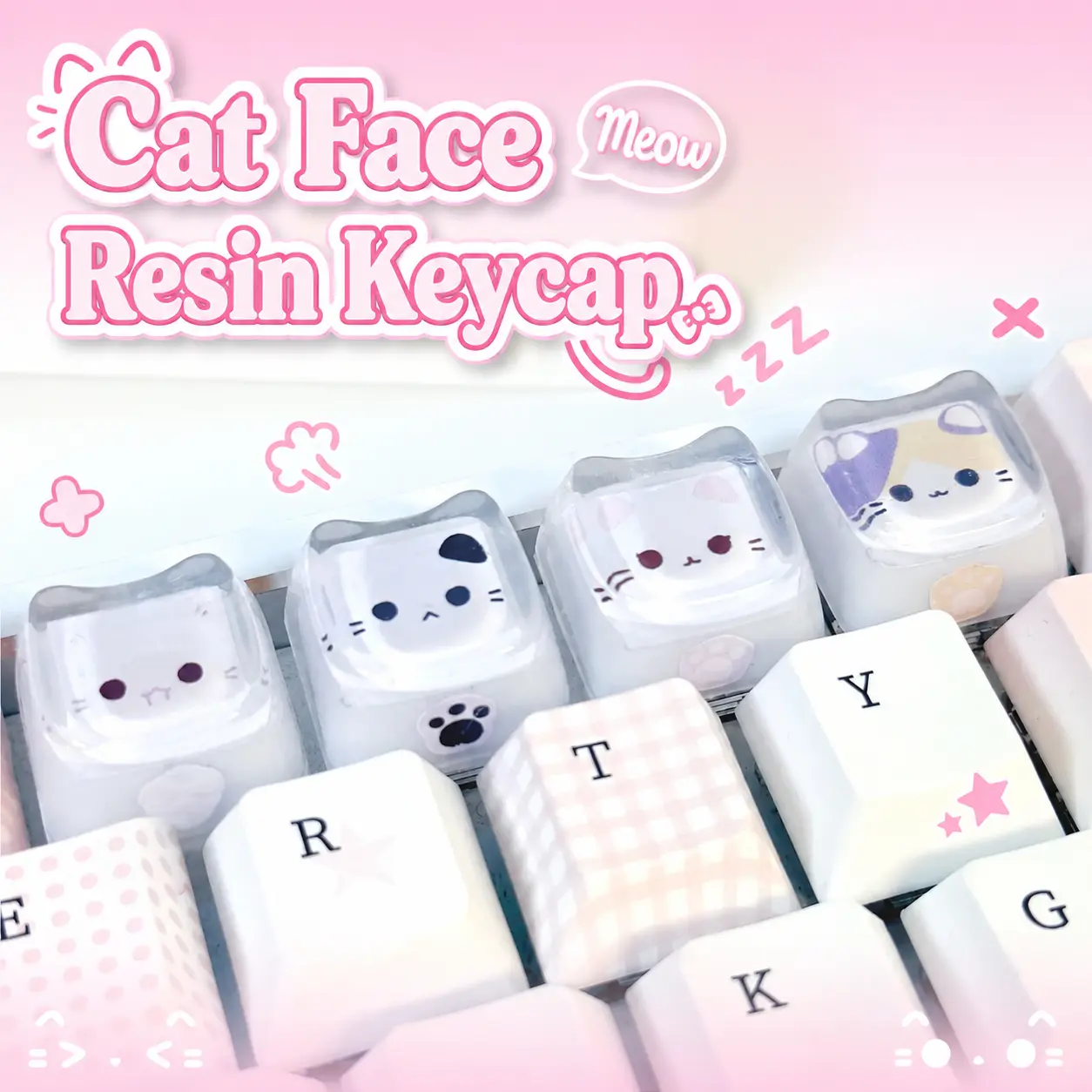 Cute Big Face Meow Cat Resin Drip Glue Keycaps, Kawaii Creatures Series, WASD Key Position Compatible, Personalized, for Keycap Set Keyboards and Mechanical Mech Keyboards