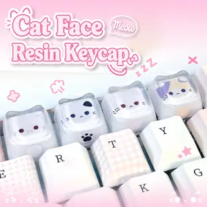 Cute Big Face Meow Cat Resin Drip Glue Keycaps, Kawaii Creatures Series, WASD Key Position Compatible, Personalized, for Keycap Set Keyboards and Mechanical Mech Keyboards