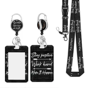 Badge Holder Set with Lanyard and Retractable Badge Reel, Durable 3-In-1 Accessory for ID Cards, Essential Office Supplies, Badge Reels Retractable, Stay positive, Make It Happen, Work hard