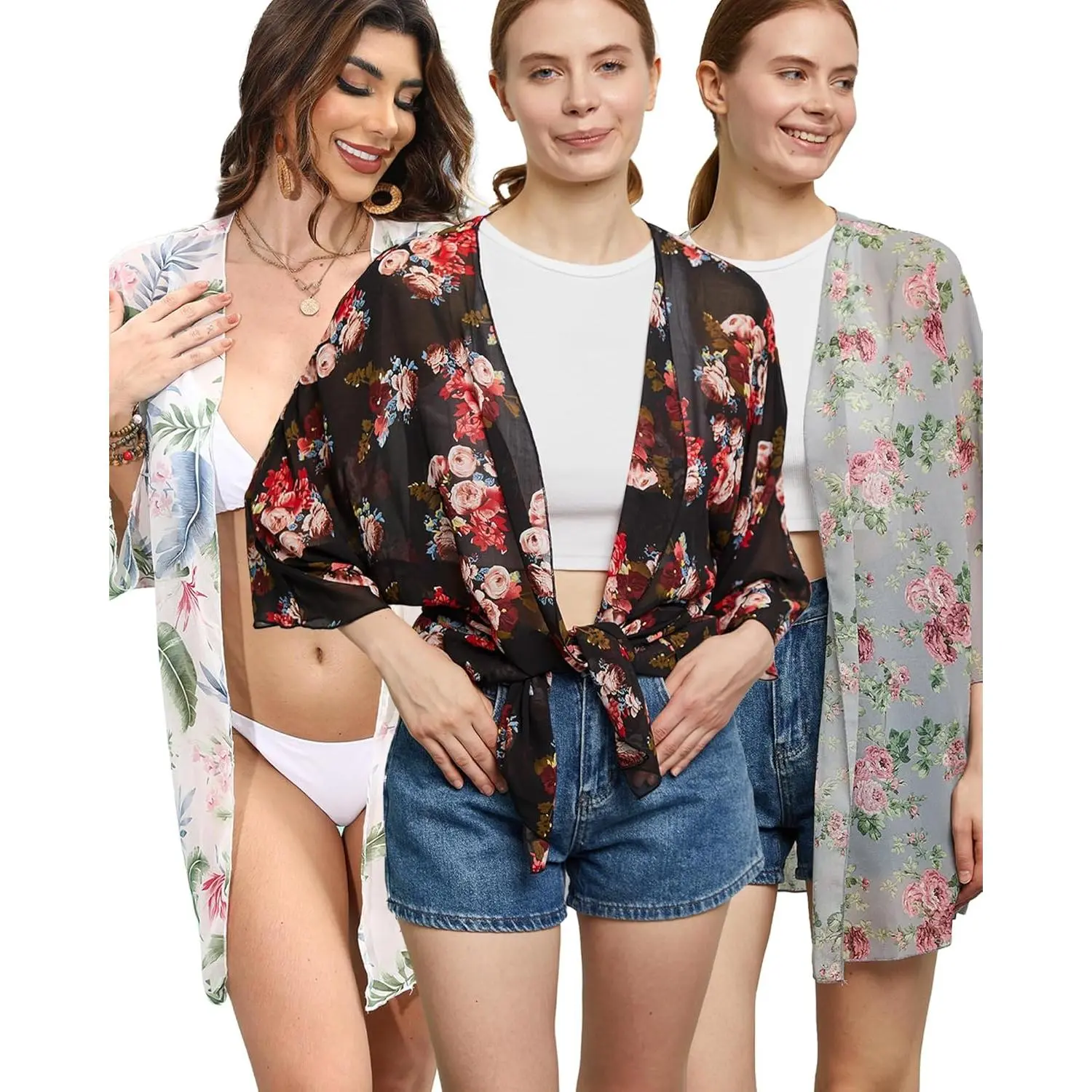 3-piece set of women's kimono cardigans, black, wh