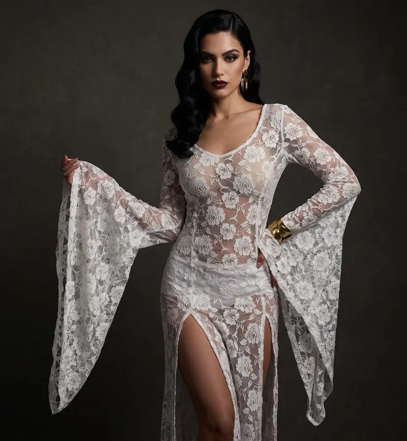 sheer lace dressing gown white Elegant Lace Mesh Sheer White Dress, White / M