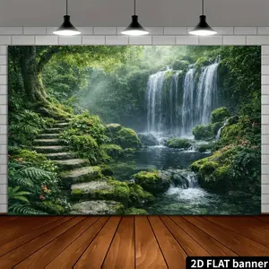 2D Flat Polyester Enchanted Forest Waterfall Nature Backdrop Banner, Outdoor Banners, Moss Stone Steps Sunlight Stream Jungle Landscape Photography Background, Indoor Outdoor Use, Ideal For Zen Serene Scene Setup, Nature Portrait Photoshoot