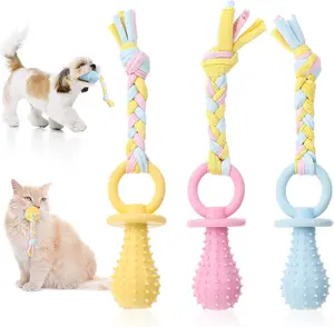 3-piece set of dog and cat pacifiers with straps, small pet teeth-cleaning rubber toy, puppy teething pacifier, dog teething toy, play and training toy for small dogs and adult cats, 3 cute colors