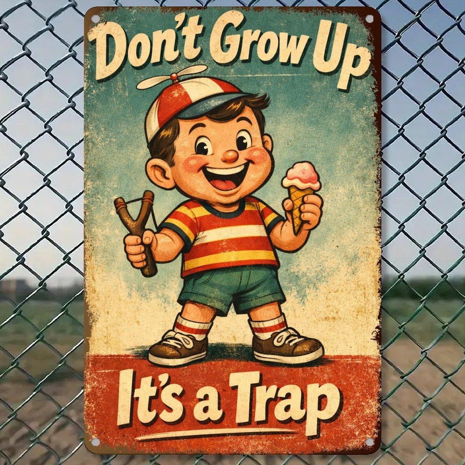Funny Retro Humor Metal Sign 8x12 Inch Vintage Wall Decor “Don’t Grow Up It’s a Trap” Sarcastic Gift for Friends grandfather clock