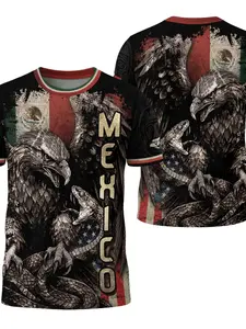 Mexico Usa Flag Eagle Serpent Aztec Pattern Heritage Warrior Pride Power Man Shirt, Round Neck, Fitted Short Sleeve Tee Top, All Seasons Fashion
