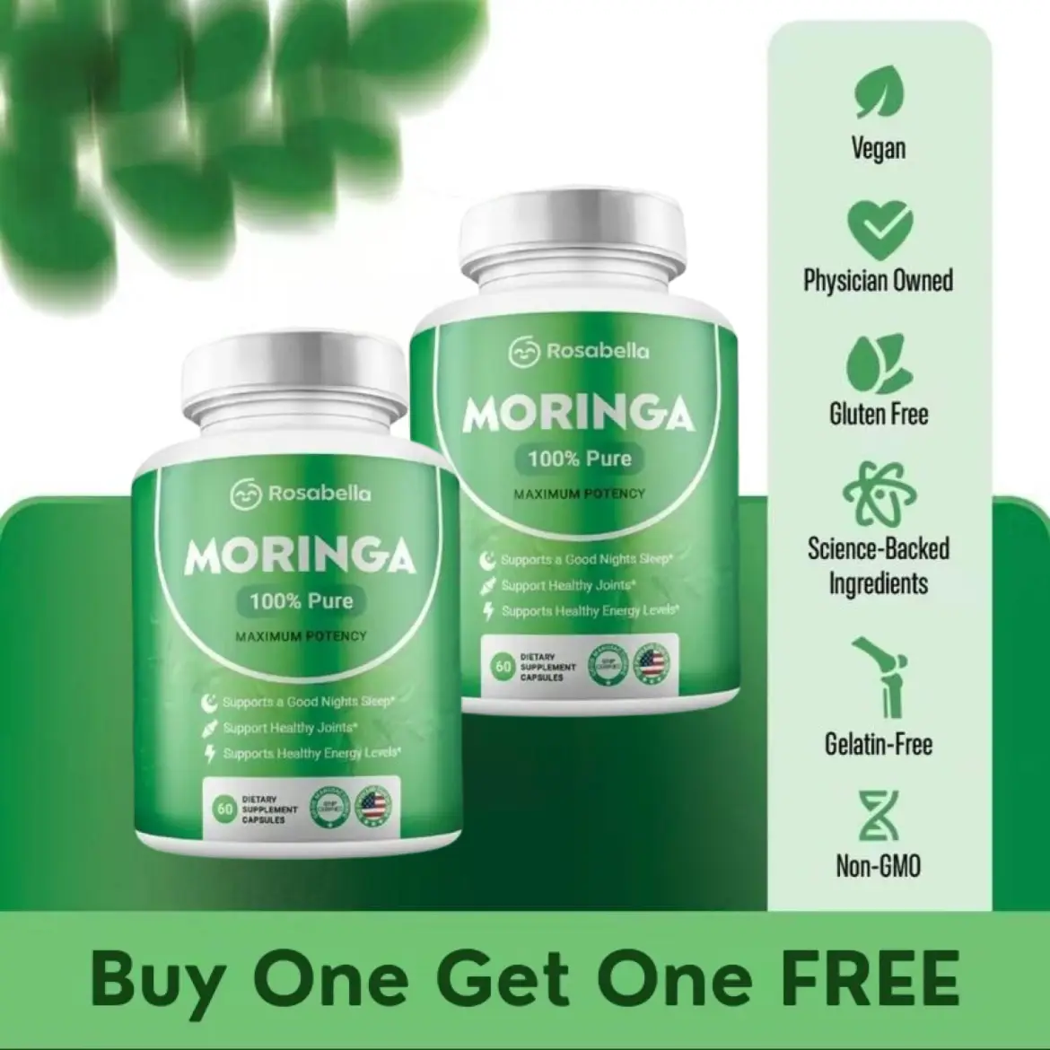 2 x Rosabella Moringa Capsules (800mg) for Immune Support, Gut Health & Vitamins
