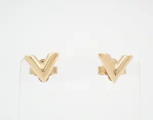 Pre-owned Louis Vuitton "V" Iconic Gold Pierced Earrings Full Set Perfect for Daily Use